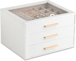 Jewelry Box for Women,Clear Lid Jewelry Organizer with 3 Drawers