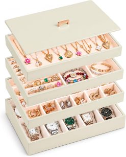 Voova Stackable Jewelry Organizer Tray with Lid (Set of 4, Apricot)