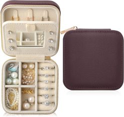 Genuine Leather Travel Jewelry Organizer Case with Mirror for Women, Small Mini Portable Jewelry Box for Earring, Ring, Necklace, Bracelet(Burgundy)