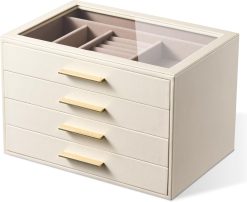 Jewelry Box Organizer Storage Case, 4-Layer with Glass Window, White